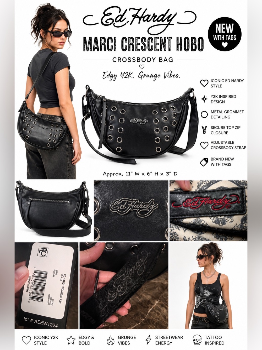 Ed Hardy Marci Crescent Hobo Crossbody Bag Edgy Y2K and grunge vibes NWT